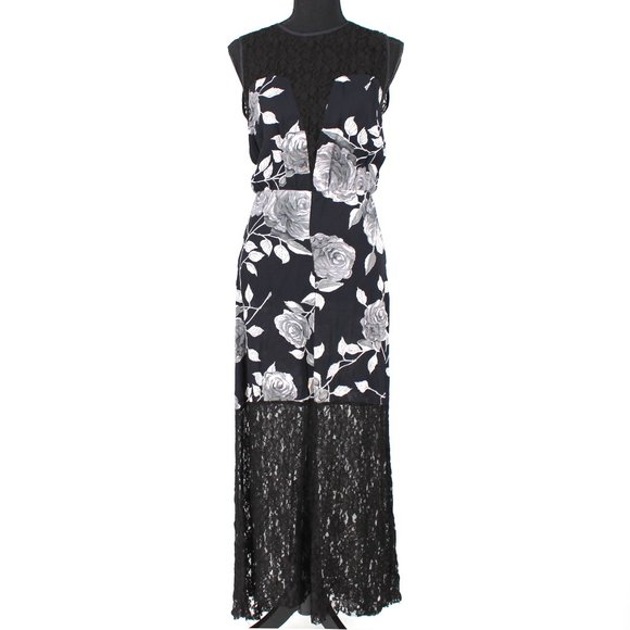 Reformation Dresses & Skirts - Reformation Black White Floral Lace Trim Hem Satin Maxi Sheath Dress XS Small